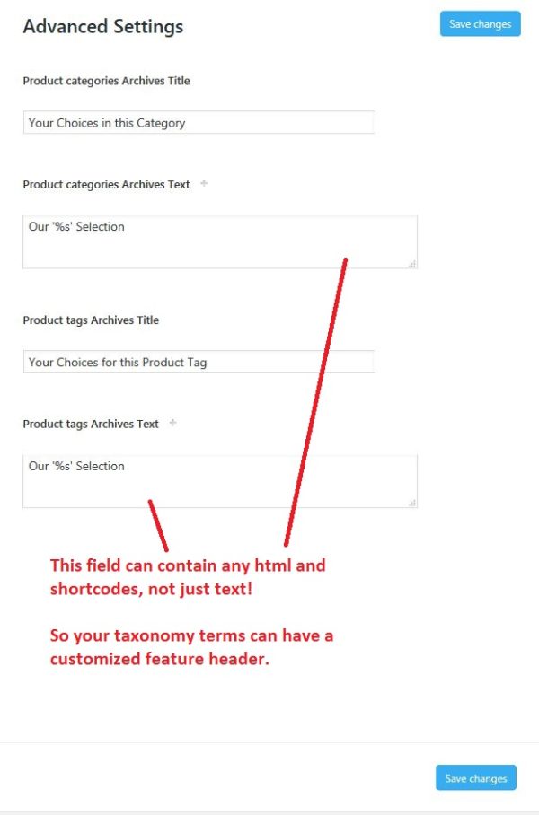 Image of settings for creating custom content for the taxonomy feature headers