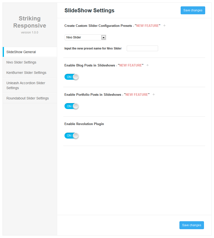 Striking allows to save your slider options in a preset