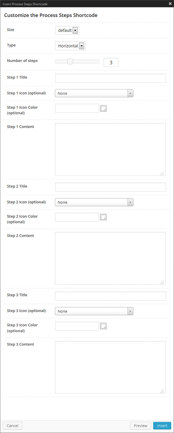 The Process Steps Shortcode Options Panel