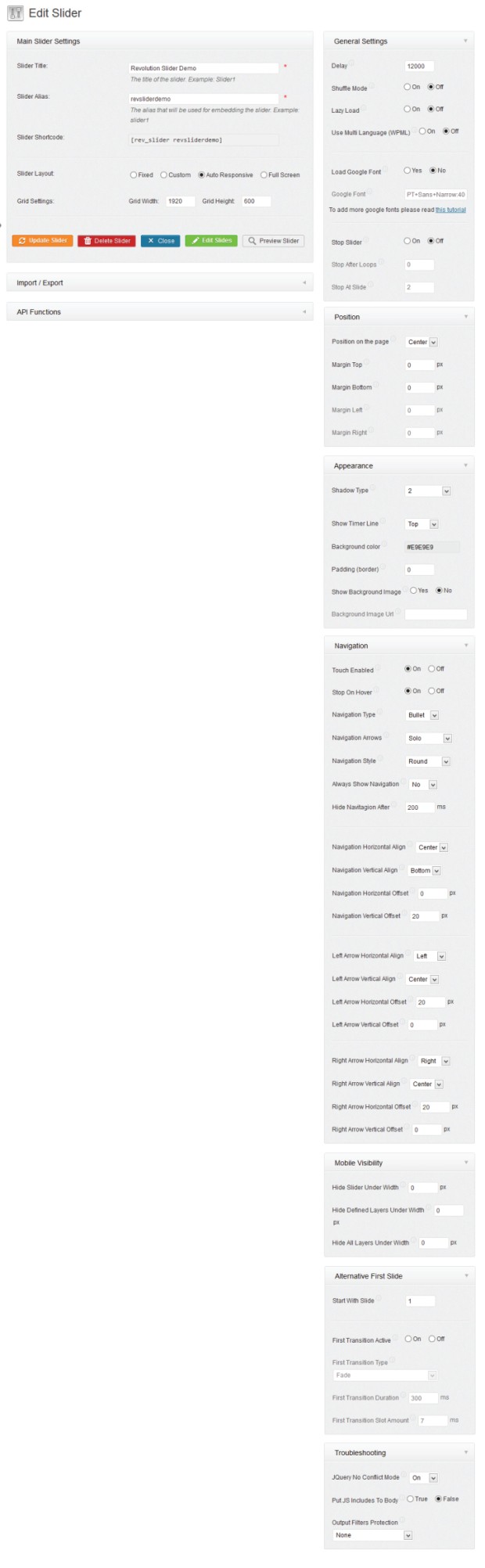 Options for the revoultion slider